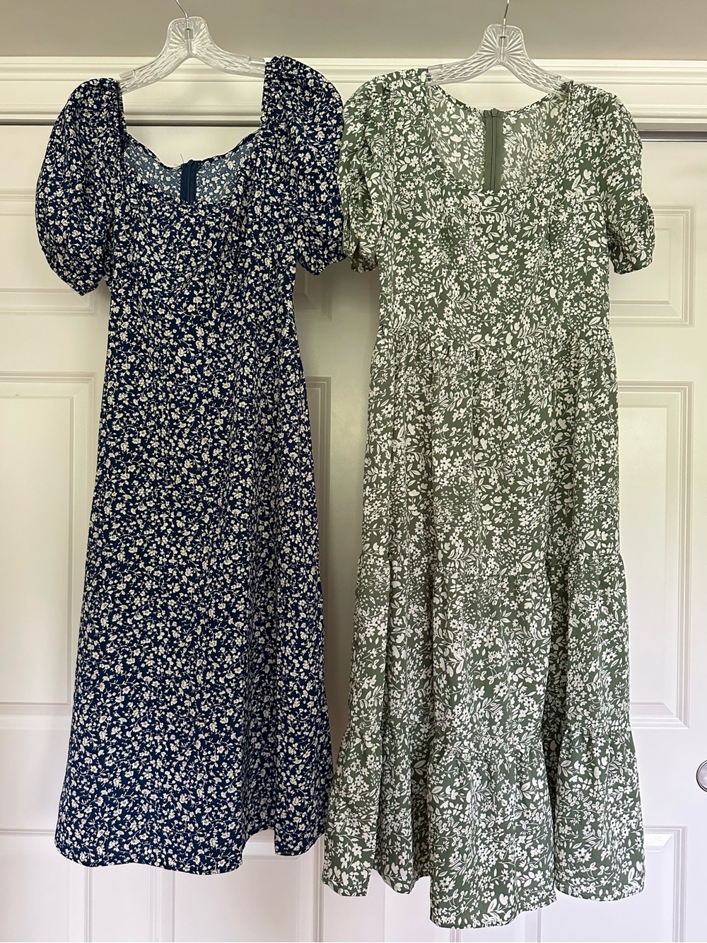 TWO Floral Puff-Sleeve Dresses - Blue and Green